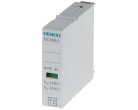 Siemens 5SD7 T2 N-PE 264V 40kA overspændingsbeskyttelsesmodul, viser N/PE 40 og U N 240V samt U C 264V mærkning.