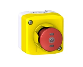 Schneider Electric nødstopbox XAL-F komplet med Ø40 tryk/trækknap og 1xNC kontakt i gul og hvid.