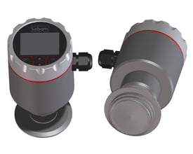 Siemens Pascal CI4 transmitter med bagudvendt tilslutning, 1 bar rel, 4-20mA/HART signal og M12 stik, vist fra to vinkler.