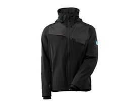 Mascot tofarvet skaljakke i sort og mørk antracit, størrelse 4XL, med fuld lynlås og hætte.