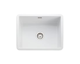 Hvid Lavabo Mataro III køkkenvask set ovenfra med firkantet kumme, rustfrit afløb og overløb.