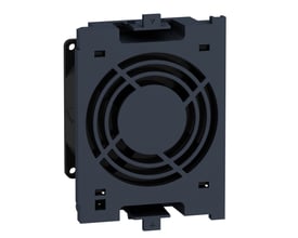 Schneider Electric ventilator til ATV340 frekvensomformere, 11-22kW, viser frontgitter og monteringsdetaljer i mørkeblå plast.