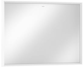 Fron view af det firkantede Hansgrohe Xarita E spejl med integreret LED-lys og mærkelogo i hvid aluminiumsramme.
