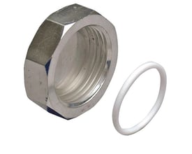 Ægte billede af Uponor Unipipe slutmuffe, messing, 1" med en hvid pakning vist ved siden af.