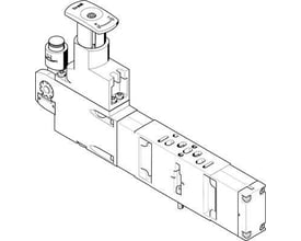 Festo reguleringsplade VABF-S3-2-R7C2-C-6, en teknisk tegning af et pneumatisk modul med justeringshåndtag og porte.