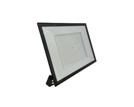 V-TAC 200W LED projektør med sort aluminiumsramme og justerbart beslag, set fra siden med hvid baggrund.