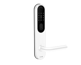 Zafe T-Lock oval hvid dørlås med sort numerisk tastatur og buet håndtag, vist forfra.