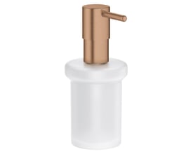Grohe Essentials sæbedispenser i børstet kobber med mat glasbeholder og pumpehoved i kobberfinish.