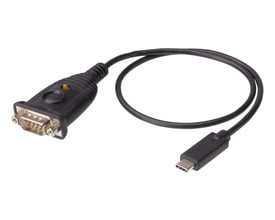 Aten USB-C til RS-232 adapter med 0,3 meter sort kabel og gul indikatorlampe på den serielle port.