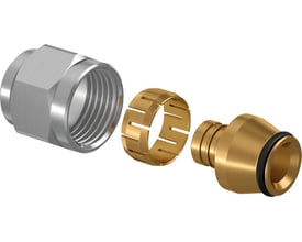 Illustration af Uponor FPL-X koblingssæt til 16 mm PEX-rør, hvor alle dele er afbildet i perfekt stand på hvid baggrund.