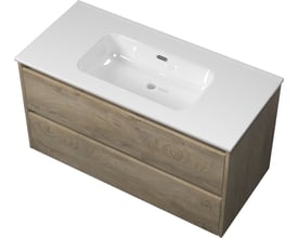 Sanibell Proline møbelsæt i rå eg med hvid vask, 101x46 cm, med to skuffer med softclose og integreret greb.