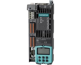 Siemens SINAMICS S110 CU305 Profinet styrekort med talrige tilslutninger, LED-indikatorer og et lille digitalt display.