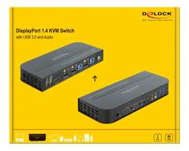 Emballagen viser DeLock DisplayPort 1.4 KVM-switch i sort med USB 3.0 og lyd samt to vinkler af enheden.