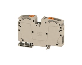 Detalje af Weidmüller A2C 35 gennemgangsklemme, viser de orange PUSH IN terminaler og beige Wemid hus på hvid baggrund.