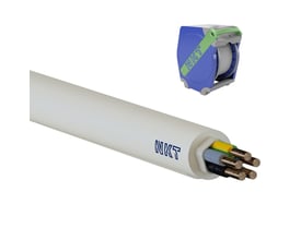 NKT Kabel NOIKLX 90 Dca 5G4 i lysegrå, med kobberledere og en rulle med kabel på hvid baggrund.