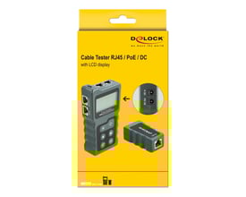 DeLock LCD kabeltester til RJ45, PoE og DC, vist på gul baggrund med produkt og fjernenhed.