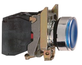Detalje af Schneider Electric XB4BW36B5 lampetryk i blå, viser monteringsmekanismen og den kromfarvede kant.