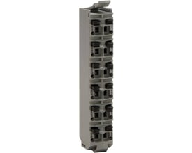 Schneider Electric TM5 anslutningsplint med 12 pin og 24V forsyning, grå, vist lodret med nummererede porte.