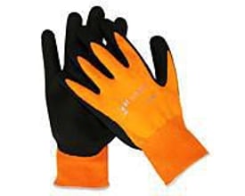 1st Touch handske i størrelse 11, med sort nylonstrik, Hi-Viz orange ribkrave og skærmfølsom håndflade.
