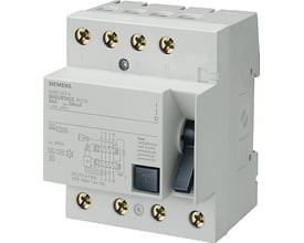 Siemens SIQUENCE PFI-fejlstrømsafbryder type B, 40 A, 4-polet og 300 mA, set skråt forfra med testknap.