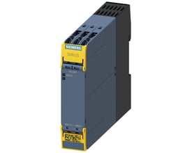 Siemens SIRIUS 3SK1 sikkerhedsrelæ med 4 RO udgange og skrueterminal, 110-240V, vist i grå og sort med gule detaljer.