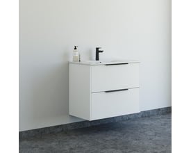 Det hvide, væghængte Dansani Mido+ Classic 81 cm møbelsæt med Amber vask vist installeret i et moderne badeværelsesmiljø.