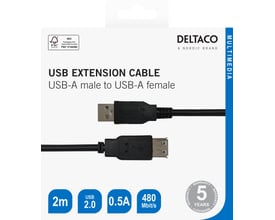 Deltaco sort USB-forlængerkabel med USB-A han- og hunstik vist på emballagen med kabel på 2 meter.