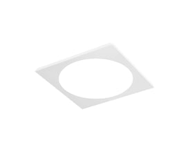 Hvid, kvadratisk Ledvance afdækning med rund udskæring til Panel Comfort Gen2, 600 x 600 mm, set skråt ovenfra.