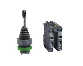 Separeret visning af Schneider Electric Joystick XD5 med fokus på det sorte betjeningsskaft og en separat monteringsblok med kontakter.