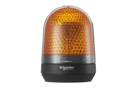 Nærbillede af Schneider Electric signallampe Ø100 mm LED i orange, med synlig 'Settings' knap og LED-indikator.