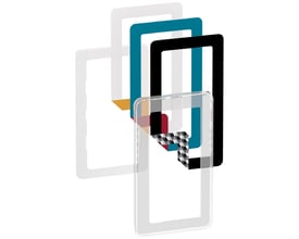 LK FUGA Choice designramme 1x2 modul transparent med et udvalg af farveindlæg i hvid, sort og blågrøn vist.