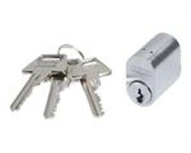 Abus GDS oval cylinder med tre nøgler liggende ved siden af på en hvid baggrund.