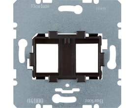 Berker holder til dobbelt jacks RM i brun metal med plads til 2 Keystone moduler og mærkning 'oben'.