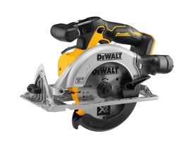 DeWalt 18V XR rundsav DCS565N-XJ med kulløs motor og 165 mm klinge, vist skråt forfra.