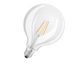 Osram Ledvance LED globe pære med E27 fatning, klar glas og synlige filamenter, 470lm og 4W.