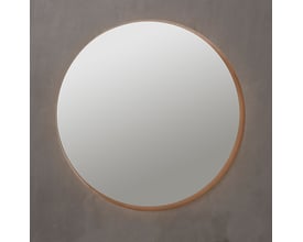 Loevschall Herning rundt spejl med bagbelysning, diameter 80 cm og en tynd træramme.