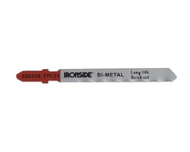 Ironside T118A stiksavklinge til metal, set fra siden med sølvfarvet klinge og rødt fæste.