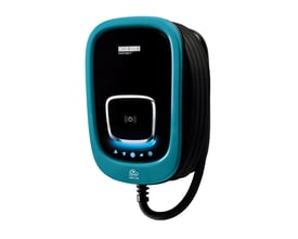Orbis Viaris UNI 22 kW billader med sort front, turkis kant, lysende statusikoner og Type 2-kabel.