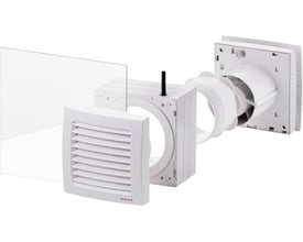 Maico Ventilatoren rudesæt FE100/1SG med fast gitter, vist som samling af dele til vindues- eller vægmontering.