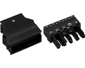 Wago 5-polet hunstik med kappe i sort plast, viser både han- og hunstikket separat til 2 ledere, 9-13 mm kabeldiameter.