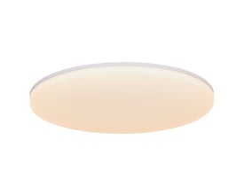 Nordlux Vic 35 loftlampe, en flad, rund hvid lampe i plast med en tynd grå kant, belyst bagfra.