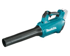 Sidevisning af Makita 18V løvblæser DUB184Z med sort blæserør og turkis kabinet, der viser batteriindgang og mærke.