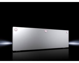 Rittal buskabinet KX i rustfrit stål, 600x200x123 mm, vist med tre pink låse på en sort baggrund med lys undertoner.