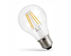 SpectrumLED E27 LED-pære på 8,5 W med klart glas, synlige LED-filamenter og stor metalsokkel.