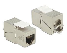 Delock Keystone modul RJ45 Cat.6A STP compact i sølv metal med hvid LSA tilslutning. To moduler vises, et forfra og et fra siden.