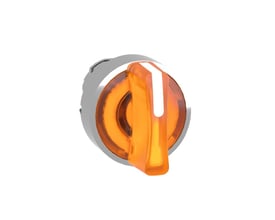 Schneider Electric Harmony XB4 drejegreb med lys, Ø22 mm, der viser den orange grebsfarve og metalfronten på hvid baggrund.