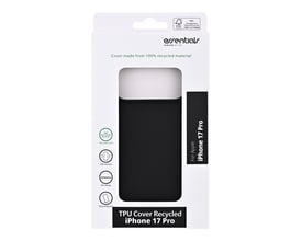 Sort TPU-bagcover til iPhone 17 Pro ses i emballagen, hvor coverets glatte bagside er synlig.