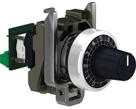 Schneider Electric komplet potentiometer XB4BD912R10K med 10 kOhm, Cermet teknologi og metalhus, viser drejeknap med skala.