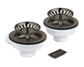 To GROHE bundventiler i børstet hard graphite til køkkenvask, med dækkeelement og overløbsrist, samt et separat dækkeelement.