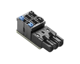 Weidmüller interfacemodul med terminaler og PUSH IN-tilslutning, sort med blå detaljer, set skråt forfra.